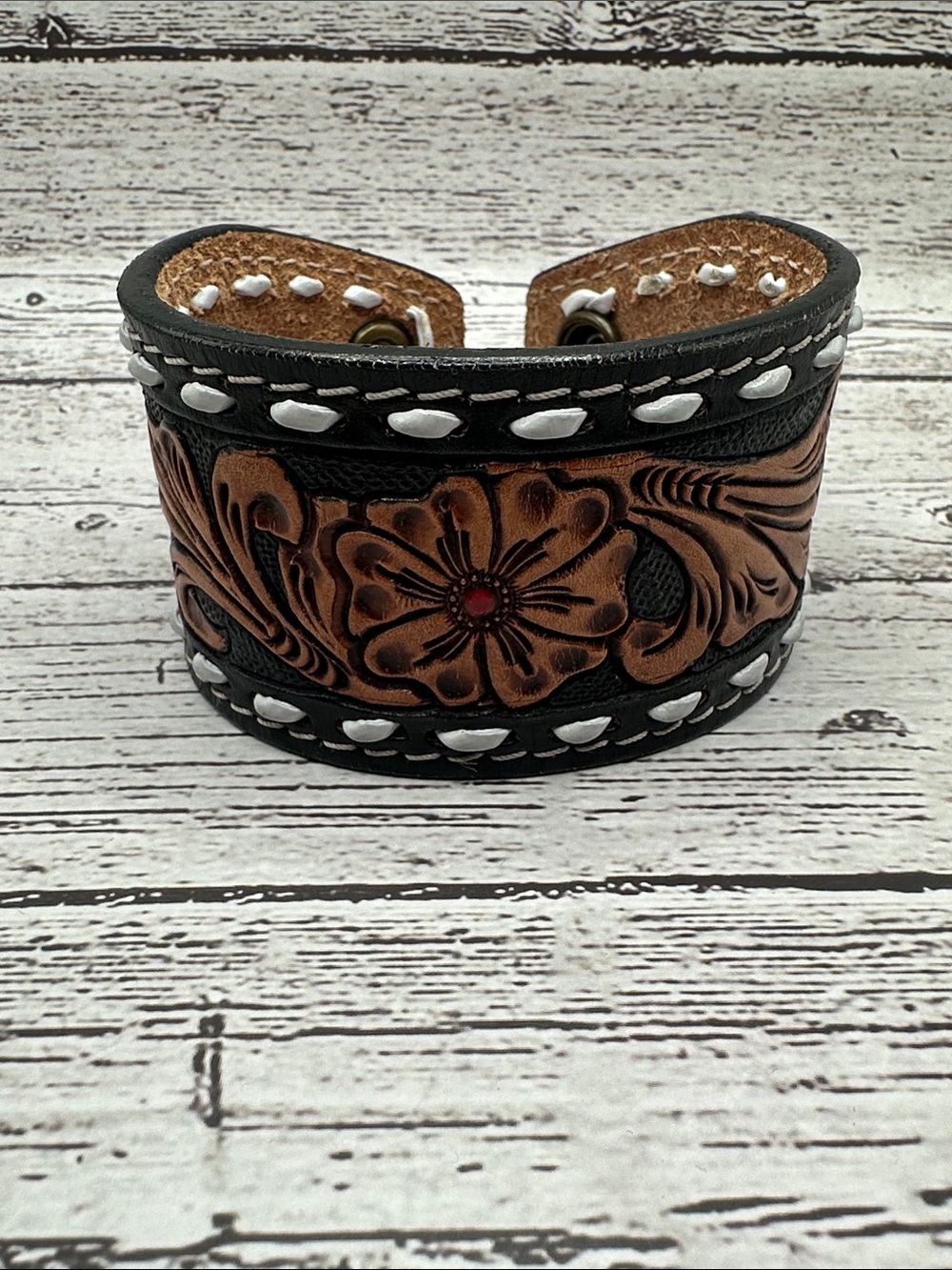 Hand-Tooled Leather Floral Cuff Bracelet - Brown & Black w/red accent